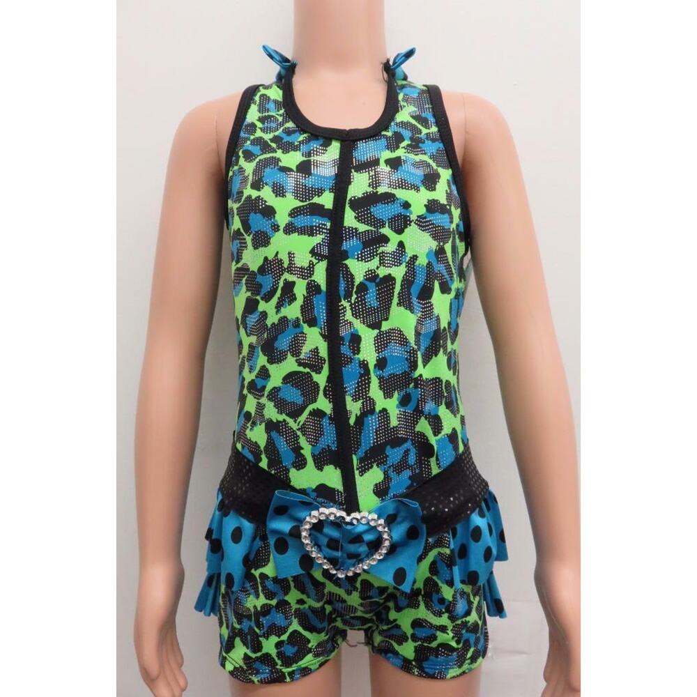 Dance Costume Curtain Call E1146 Large Child Green Ruffles Jazz Leopard Blue